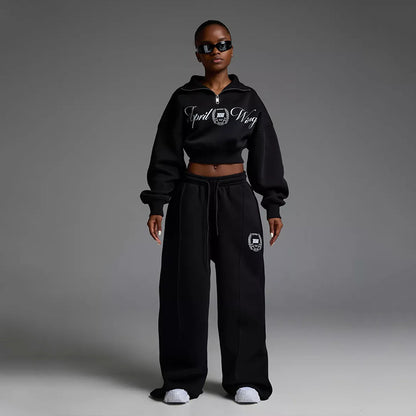 Damen modisches Sweatshirt mit Reißverschluss und weiten Jogginghose Stalluxe