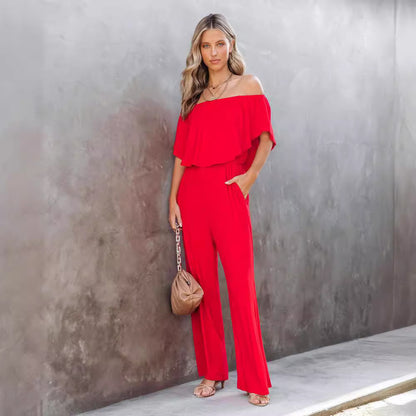 Damen Off-Shoulder Jumpsuit mit weitem Bein und elastischem Bund Stalluxe