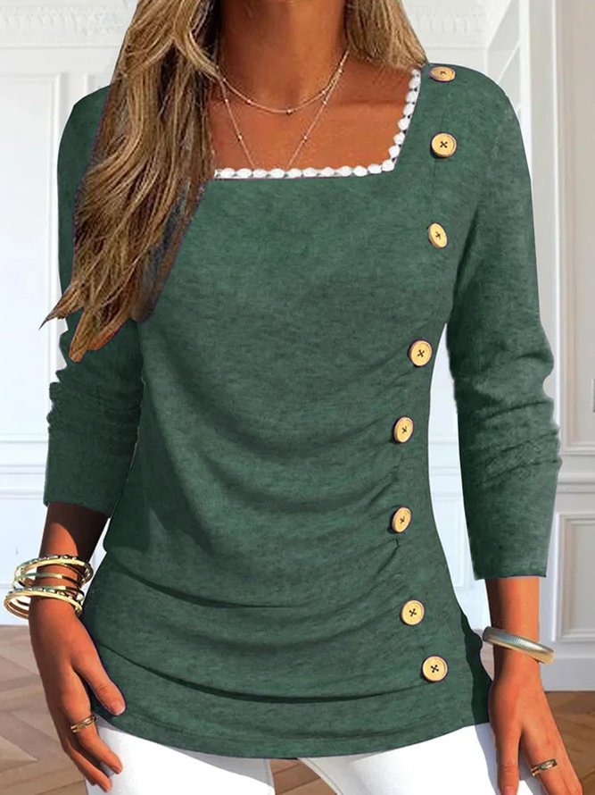 Damen Langarmshirt mit quadratischem Ausschnitt und dekorativen Knopfdetails Stalluxe