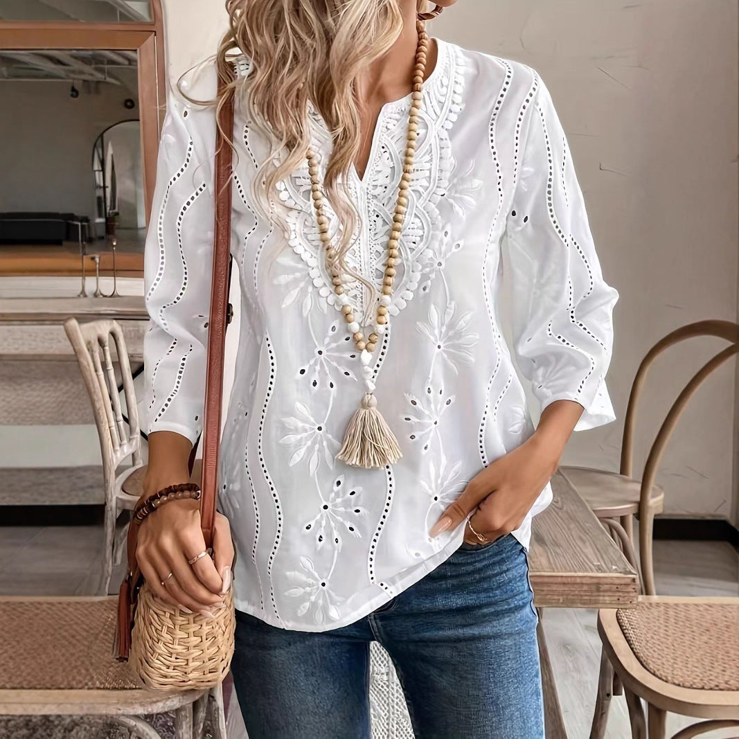 Damen bestickte Bluse mit elegantem V-Ausschnitt und 3/4-Ärmeln Stalluxe