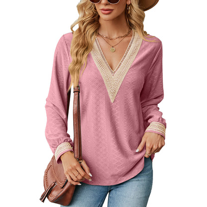 Damen Langarm Blusenshirt mit dekorativem V-Ausschnitt und Häkelelementen Stalluxe