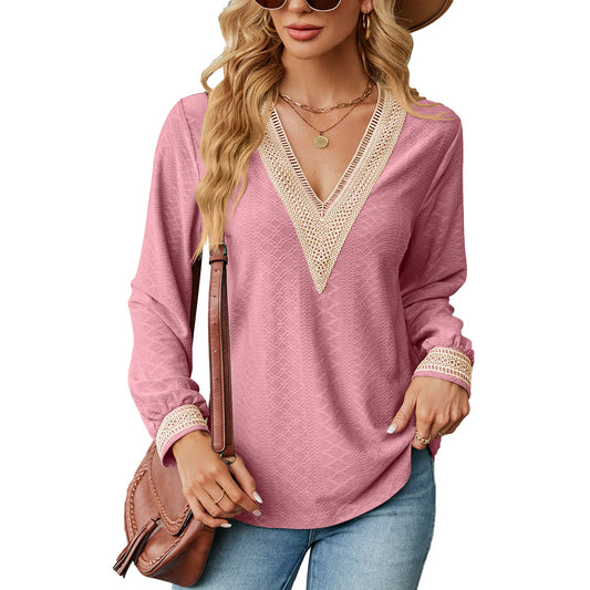 Damen Langarm Blusenshirt mit dekorativem V-Ausschnitt und Häkelelementen Stalluxe