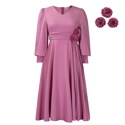 Damen elegantes Kleid mit dekorativem Blumenakzent und Faltenwurf Stalluxe