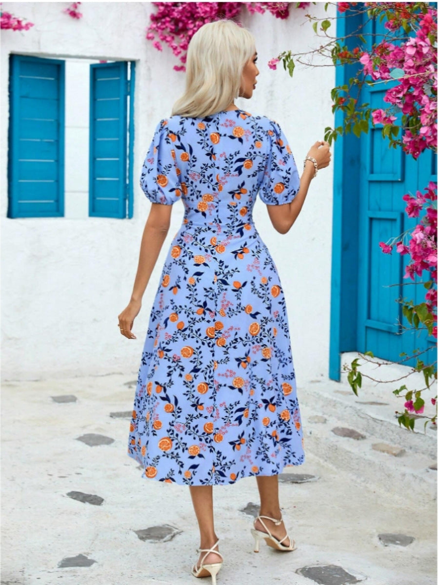 Damen Maxikleid mit durchgehendem Blumendruck und elegantem V-Ausschnitt Stalluxe