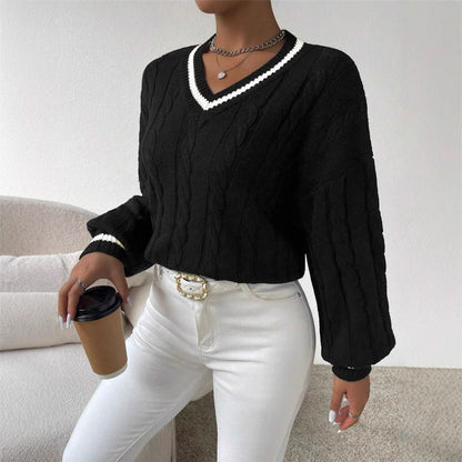 Damen Strickpullover mit modischem V-Ausschnitt und elegantem Zopfmuster Stalluxe