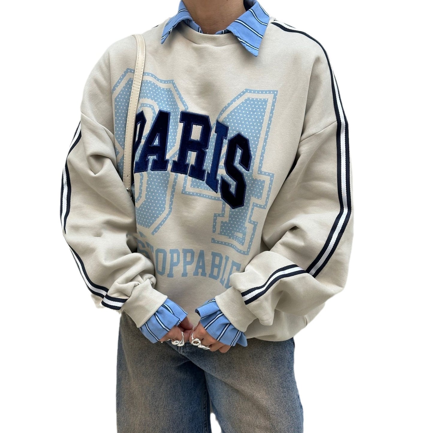 Damen Oversized Sweatshirt mit modischem Paris-Print und gestreiften Akzenten Stalluxe