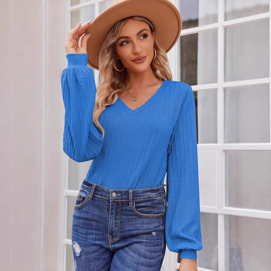 Damen Strickbluse mit feiner Rippstruktur und lässigem V-Ausschnitt Stalluxe