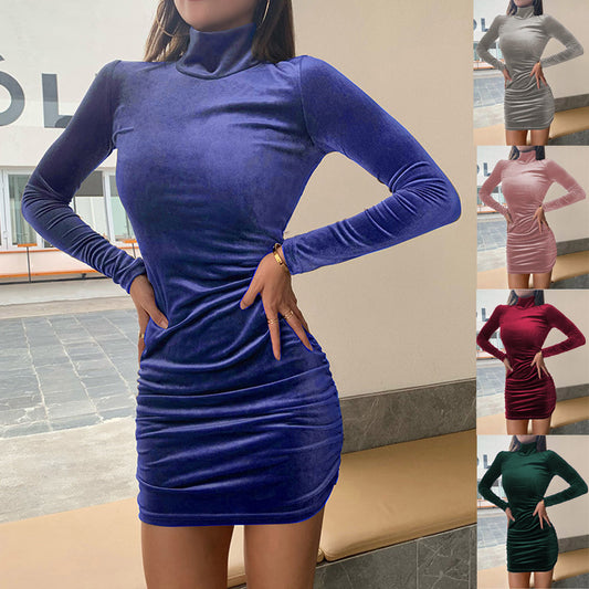 Damen figurbetontes Velours-Minikleid mit hochgeschlossenem Kragen und Raffungselementen Stalluxe