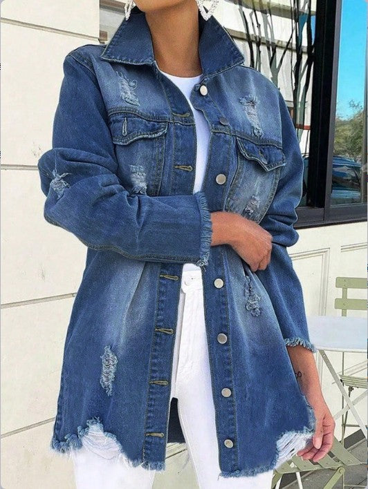 Damen lässige Oversized Denim-Jacke im Used-Look mit fransigen Saum Stalluxe
