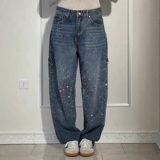 Damen modische Mom-Jeans mit schimmernden Details Stalluxe