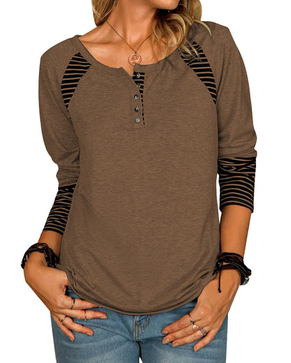 Damen lässiges Langarmshirt mit gestreiften Farbblockdetails und Knopfverschluss Stalluxe