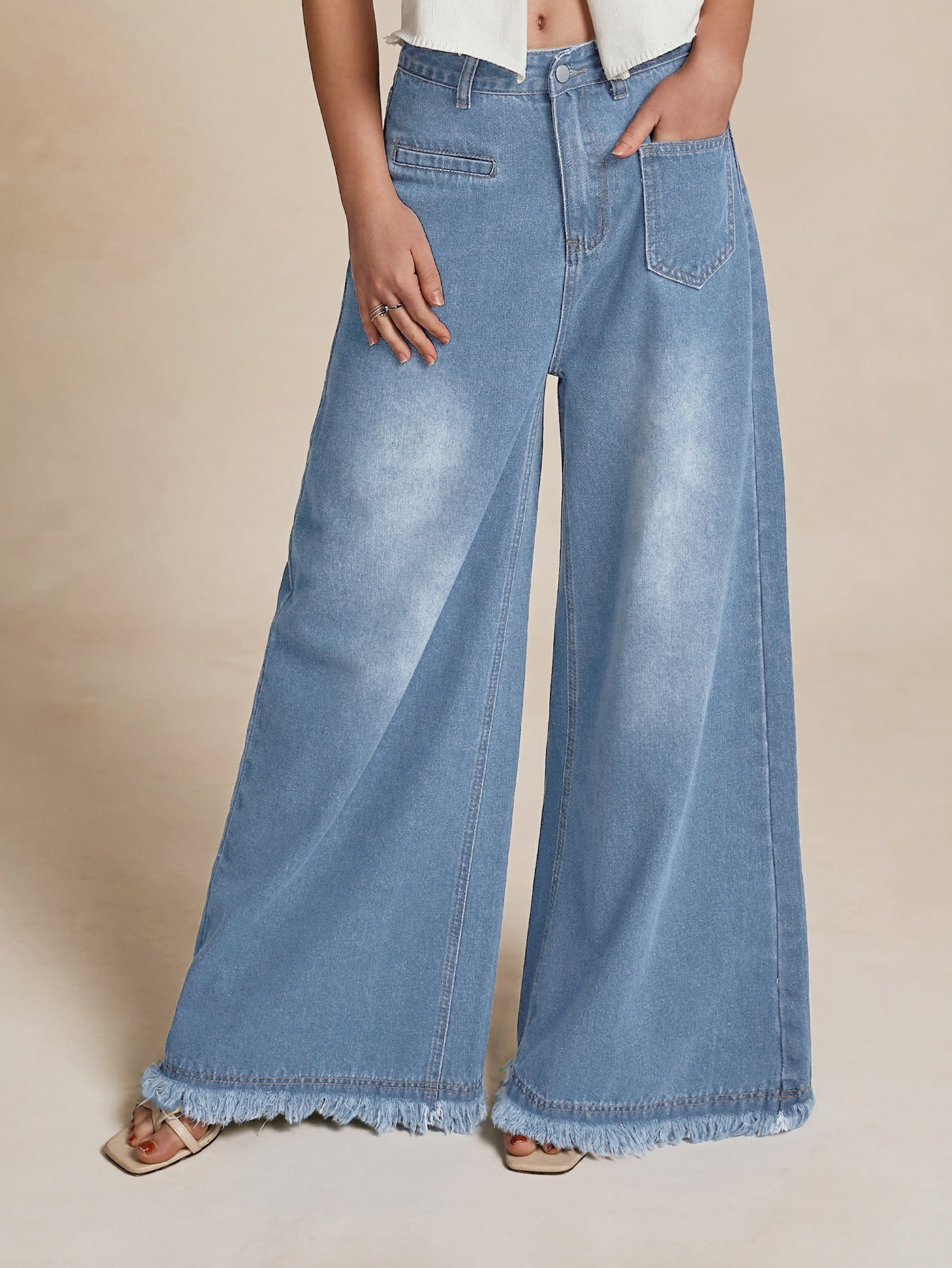 Damen Weite Denim-Hose mit Fransensaum und hohem Bund Stalluxe