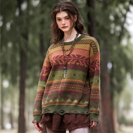 Damen Gemusterter Pullover im Boho-Stil mit fransigem Saum Stalluxe