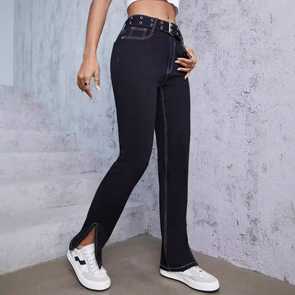 Damen Flared Jeans mit ausgefallener Knopfdetail und seitlichen Schlitzen Stalluxe