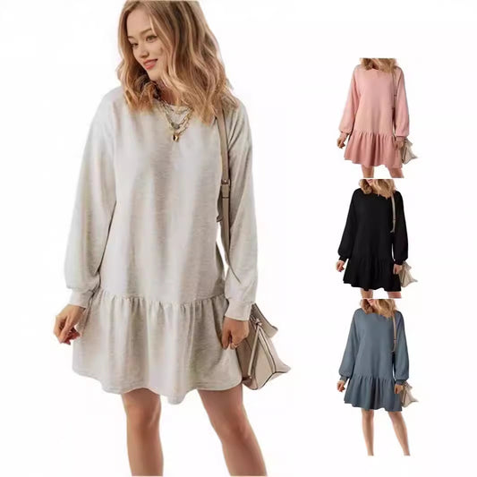 Damen Lässiges Sweatkleid mit voluminösen Ärmeln und Rüschensaum Stalluxe