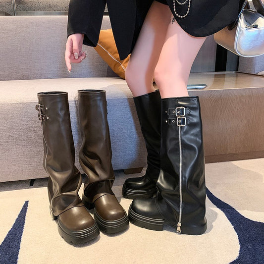 Damen Überknee-Stiefel mit modischem Reißverschluss und verstellbarem Riemen Stalluxe