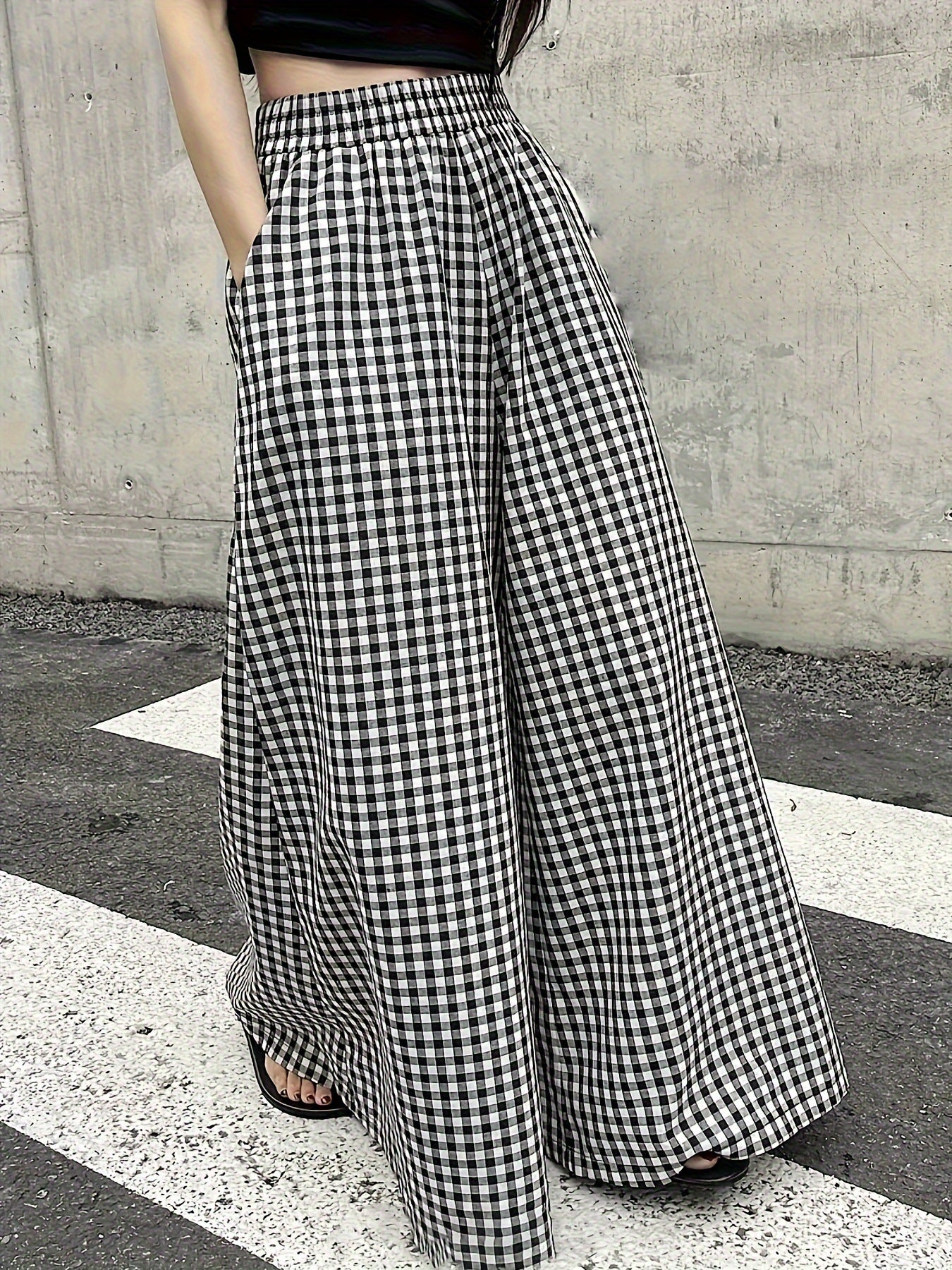 Damen weite Maxihosen mit Karomuster und praktischen Taschen Stalluxe