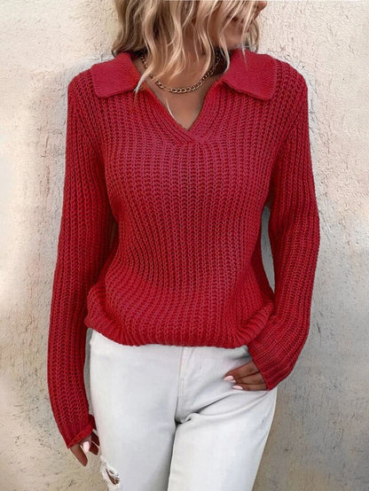 Damen V-Ausschnitt Strickpullover mit Kragen Stalluxe