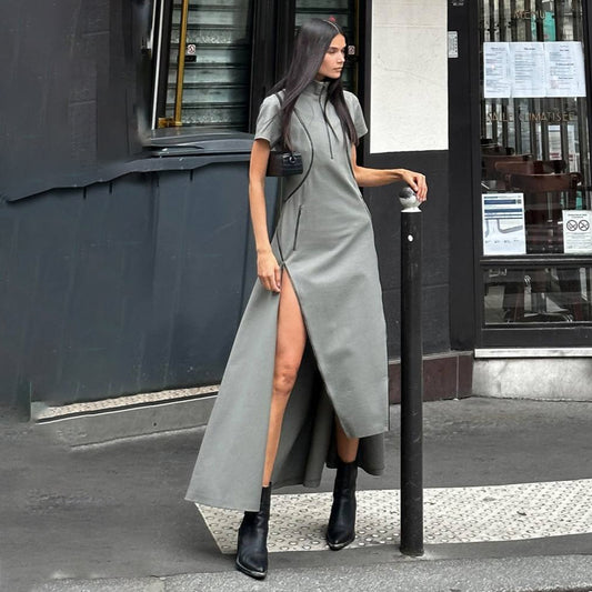 Damen Maxi-Kleid mit hohem Schlitz und stehendem Kragen Stalluxe