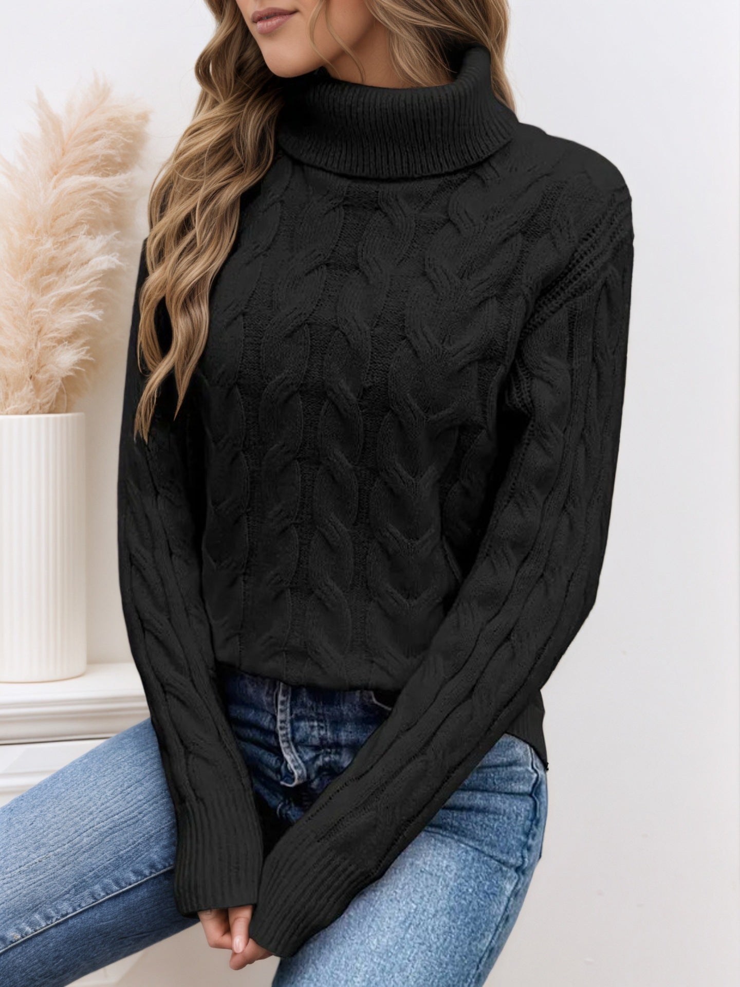 Damen Strickpullover mit hohem Kragen und Kabelmuster Stalluxe