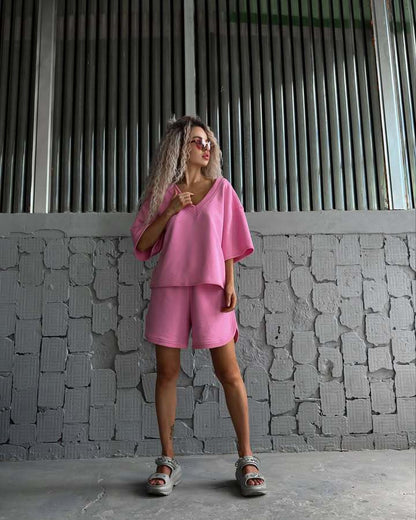 Damen lässiges V-Ausschnitt Set mit bequemen Shorts und oversized Oberteil Stalluxe