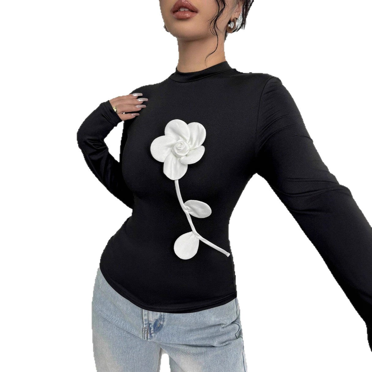 Damen Langärmliges T-Shirt mit 3D-Blumenapplikation Stalluxe