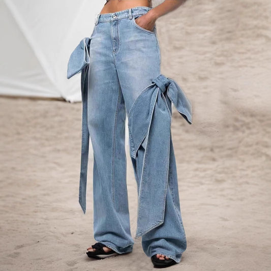 Damen Weite Denim-Hose mit stylischem Bindegürtel Stalluxe