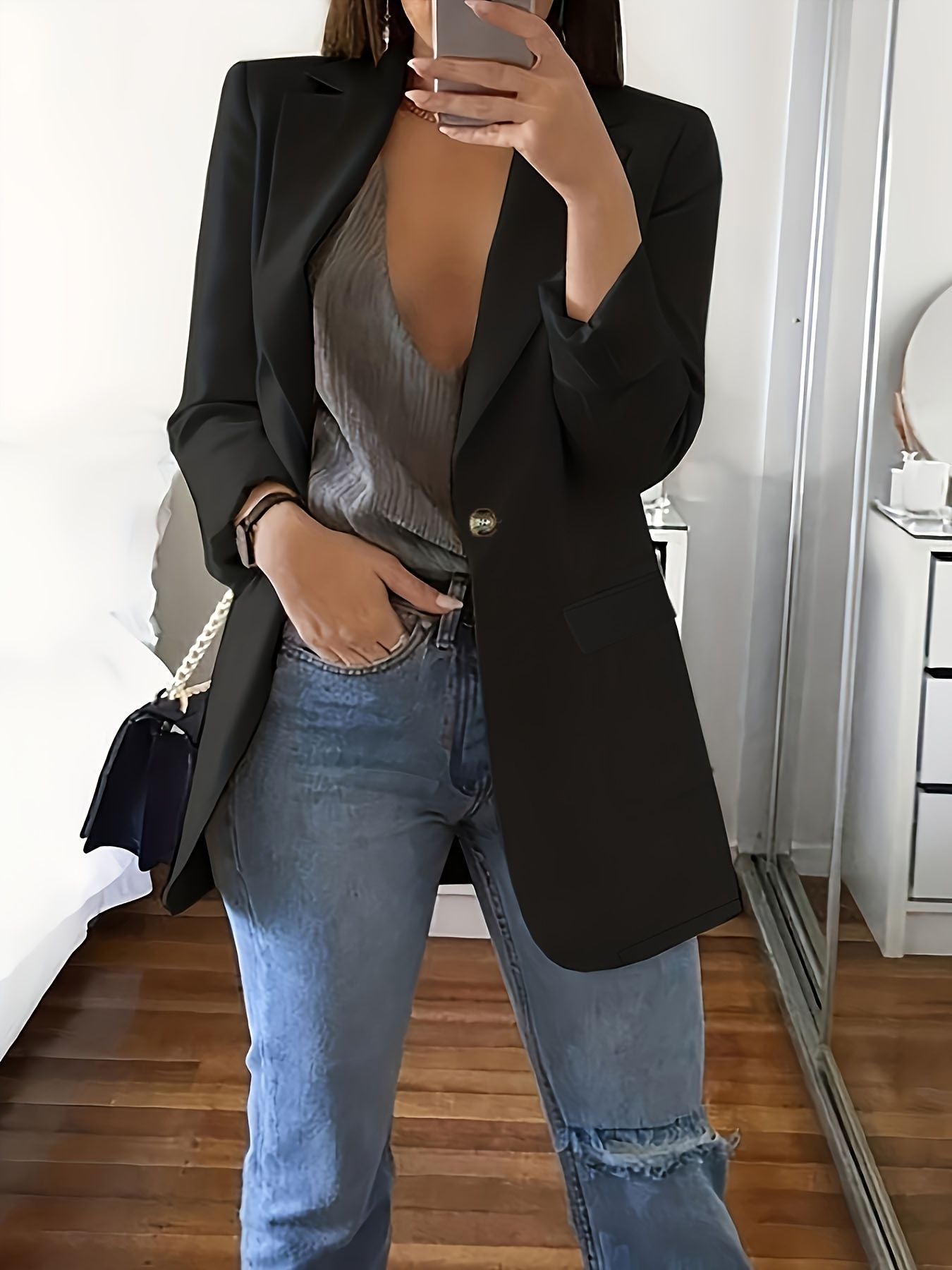 Damen Eleganter Blazer mit tiefem V-Ausschnitt und schmalem Schnitt Stalluxe