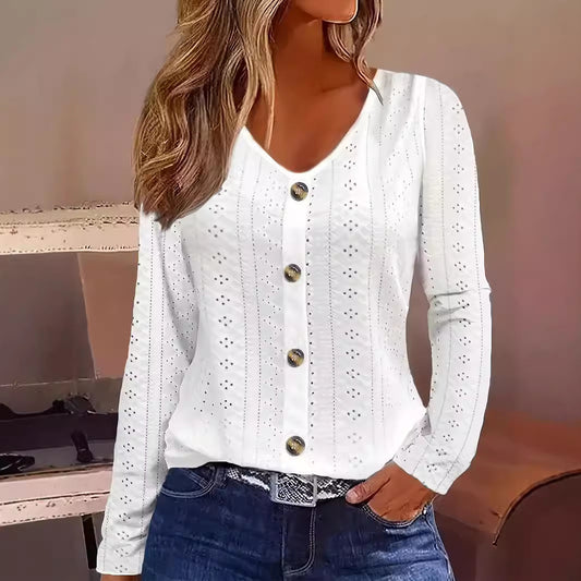 Damen Fein strukturiertes Langarmshirt mit eleganten Knöpfen Stalluxe