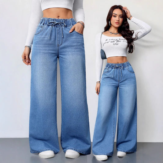 Damen Hochtaillierte Weite Jeans mit bequemem Kordelzug Stalluxe