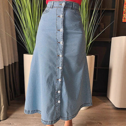 Damen Denim-Midirock mit Knopfverschluss und weitem Schnitt Stalluxe
