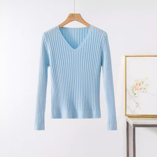 Damen Feines V-Ausschnitt Strickoberteil im Rippdesign Stalluxe