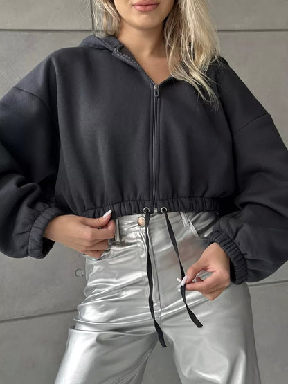 Damen cropped Fleece-Hoodie mit Kordelzug und weiten Ärmeln Stalluxe