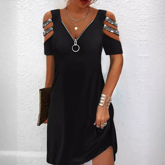 Damen lässiges Kleid mit V-Ausschnitt und Reißverschluss Stalluxe