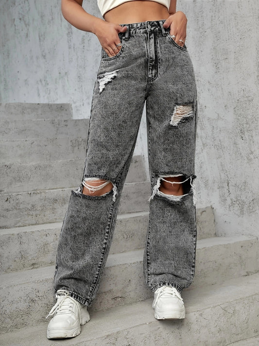Damen Weit geschnittene Destroyed Jeans mit modischen Rissdetails Stalluxe