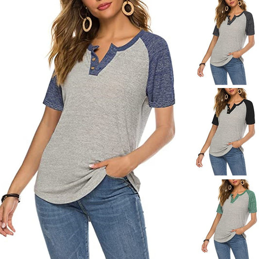 Damen lässiges Kurzarm-Henley-Shirt mit Knopfleiste Stalluxe