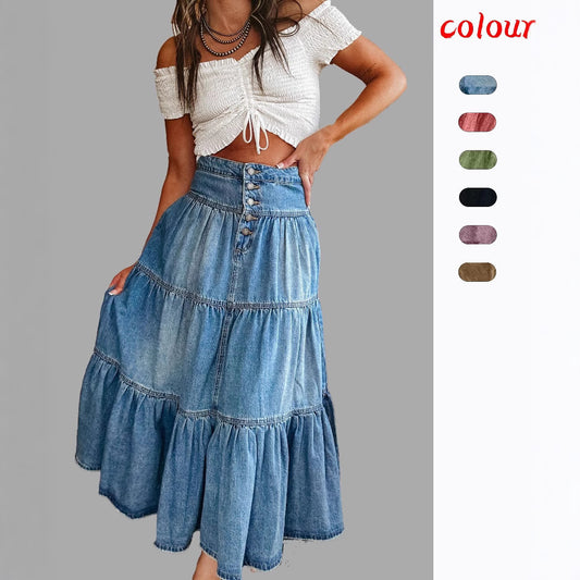 Damen Denim Maxirock mit Volant und Knopfleiste Stalluxe