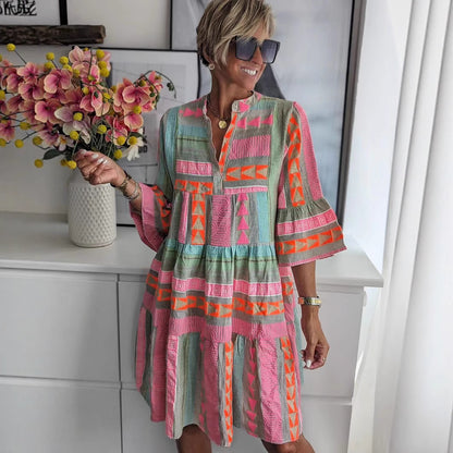 Damen luftiges Boho-Kleid mit eingewebten Mustern und kurzen Ärmeln Stalluxe