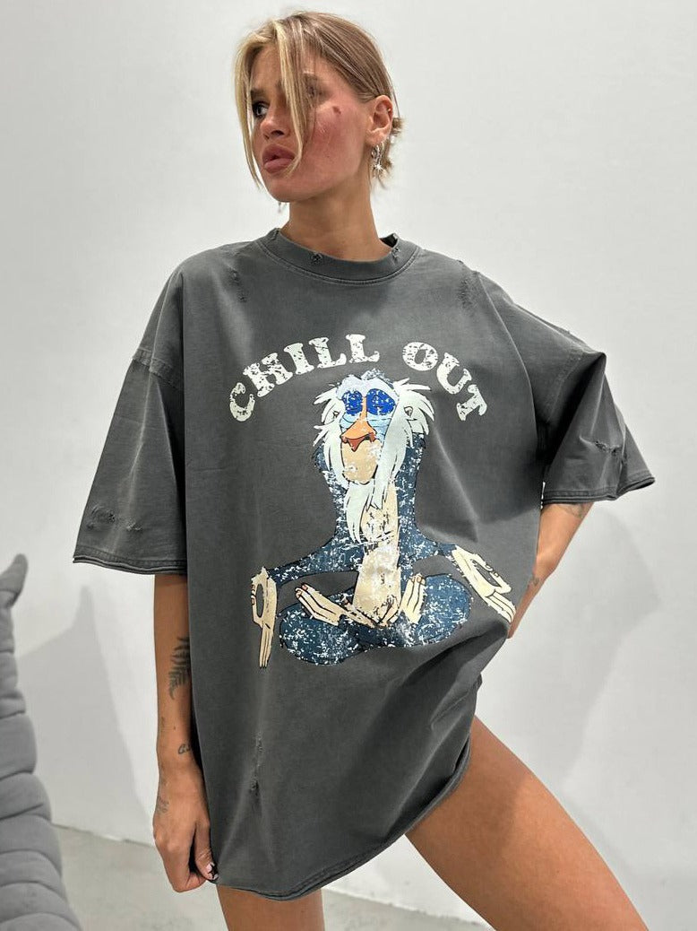 Damen Oversized T-Shirt mit kreativem Vintage-Motiv Stalluxe Grau