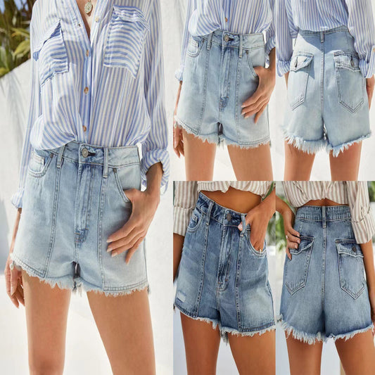 Damen Denim-Shorts mit fransigem Saum und hohem Bund Stalluxe