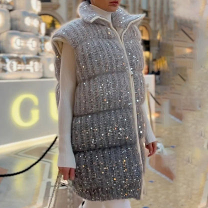 Damen Steppweste mit eleganten Pailletten-Details und hohem Kragen Stalluxe