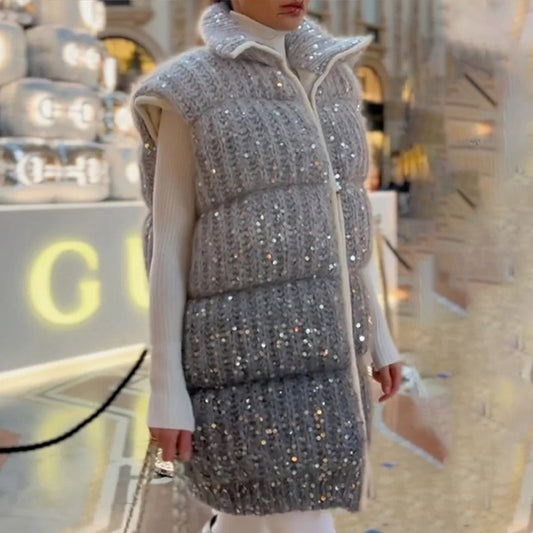 Damen Steppweste mit eleganten Pailletten-Details und hohem Kragen Stalluxe