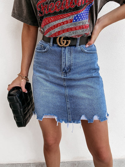 Damen Jeansrock mit fransigem Saum und hohem Sitz Stalluxe