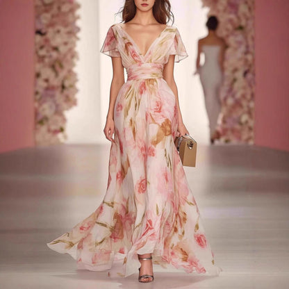 Damen Maxikleid mit elegantem V-Ausschnitt und fließendem Chiffon Stalluxe