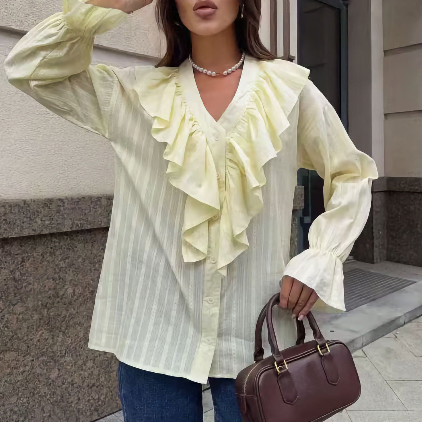 Damen Bluse mit Rüschen und Knopfleiste Stalluxe
