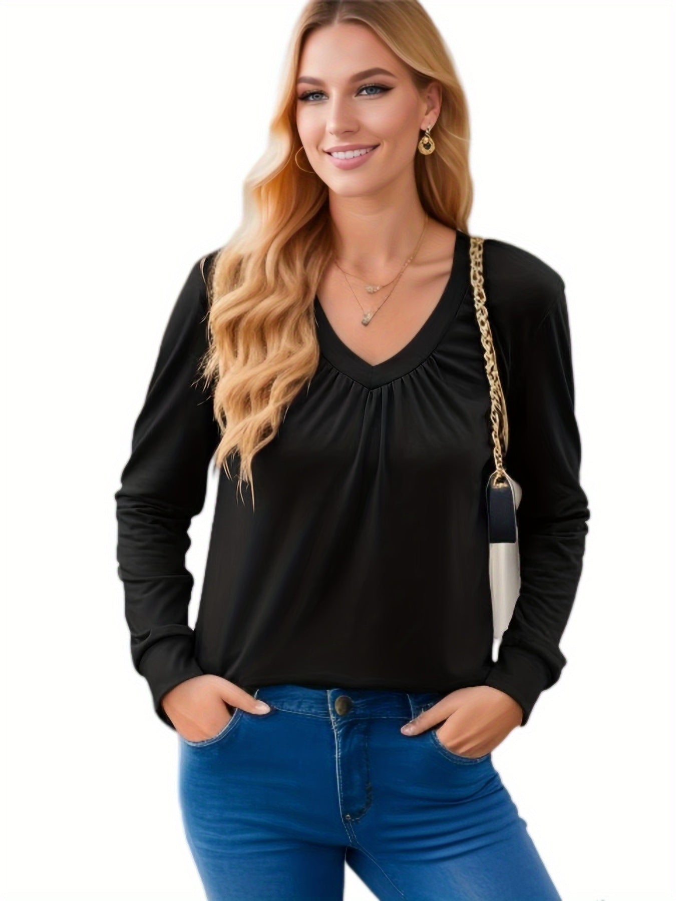 Damen V-Ausschnitt Langarmshirt mit geschmackvollem Faltenwurf und lässiger Passform Stalluxe