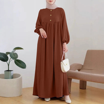 Damen luftiges Maxikleid mit bequemer Knopfleiste und eleganten Puffärmeln Stalluxe