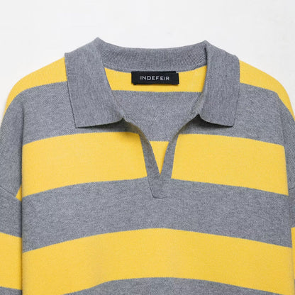 Damen modischer Poloshirt-Pullover mit breiten Streifen und kurzen Ärmeln Stalluxe