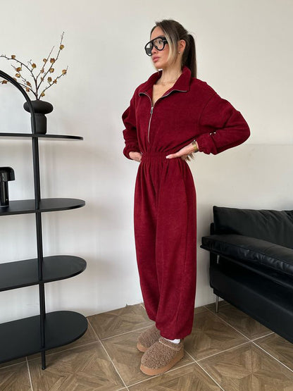 Damen Fleece-Jumpsuit mit hohem Kragen und elastischem Bund Stalluxe