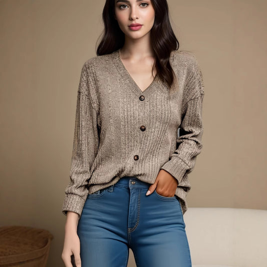 Damen V-Ausschnitt Strickoberteil mit Knopfdetails und lässigem Schnitt Stalluxe